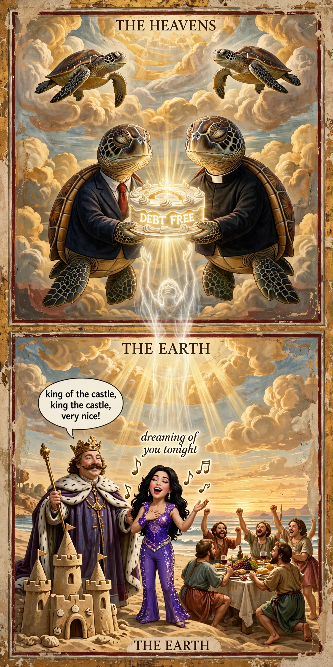 The Cake-U fresco: above, two turtles — one in a business suit, one in minister's dress — present a glowing cake reading DEBT FREE in the heavens; below on earth, a king beside a sandcastle and people feasting at a table