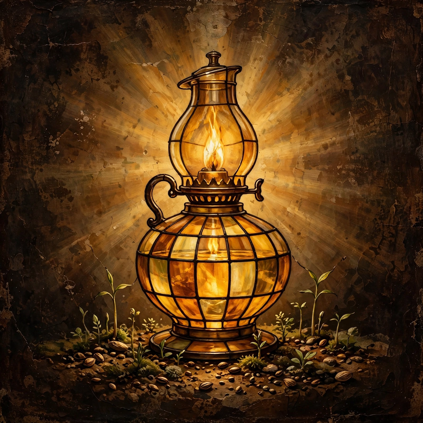 A glowing stained-glass oil lamp in warm amber tones, with seeds and small green sprouts growing at its base